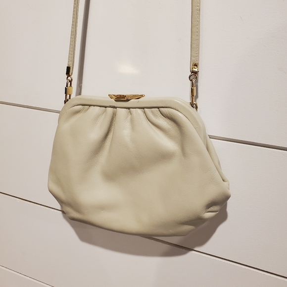 Vintage leather mini purse jane shilton small crossbody bag art deco cream gold - Picture 2 of 16